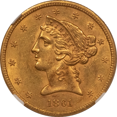 $5 1861 $5 LIBERTY GOLD HALF EAGLE NGC AU-58 PREMIUM QUALITY, FRESH, CIVIL WAR DATE