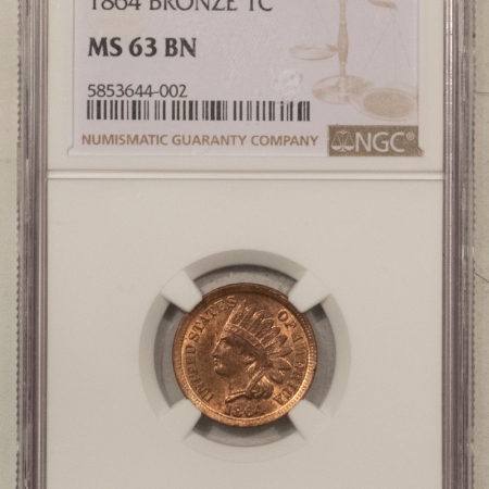 Indian 1864 BRONZE INDIAN CENT – NGC MS-63 BN, LOOKS RED-BROWN! PREMIUM QUALITY!