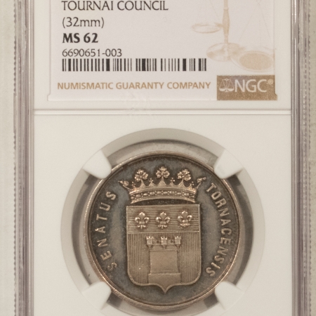 Exonumia 1873 BELGIUM SILVER MEDAL, TOURNAI COUNCIL, 32mm, NGC MS-62-APPEARS PROOFLIKE!