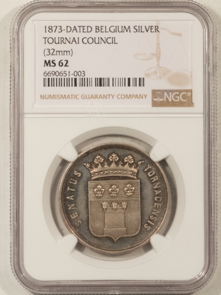 Exonumia 1873 BELGIUM SILVER MEDAL, TOURNAI COUNCIL, 32mm, NGC MS-62-APPEARS PROOFLIKE!