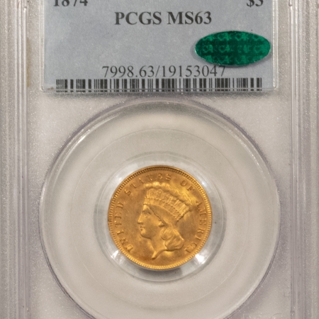 $3 1874 $3 DOLLAR GOLD – PCGS MS-63, POP! ONLY 16 @ CAC APPROVED! PREMIUM QUALITY!