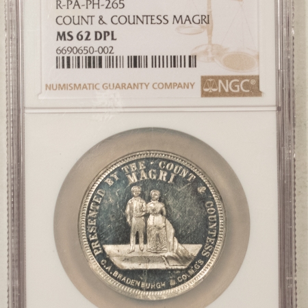 New Store Items 1885 COUNT & COUNTESS MARRIAGE, “TOM THUMB” MEDAL, R-PA-PH-265, NGC MS-62 DPL