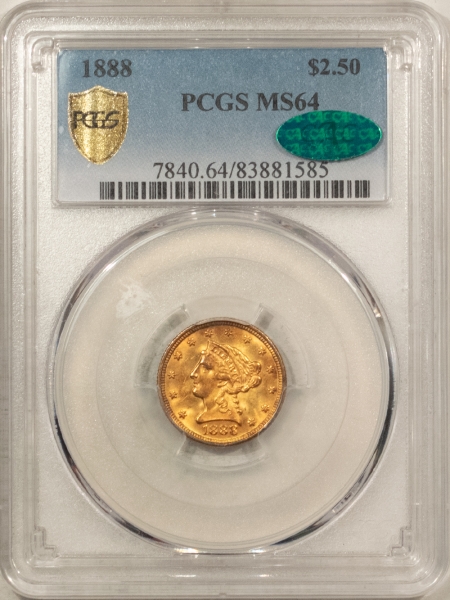 $2.50 1888 $2.50 LIBERTY GOLD QUARTER EAGLE PCGS MS-64 BOOMING LUSTER, PQ! TOUGH DATE!