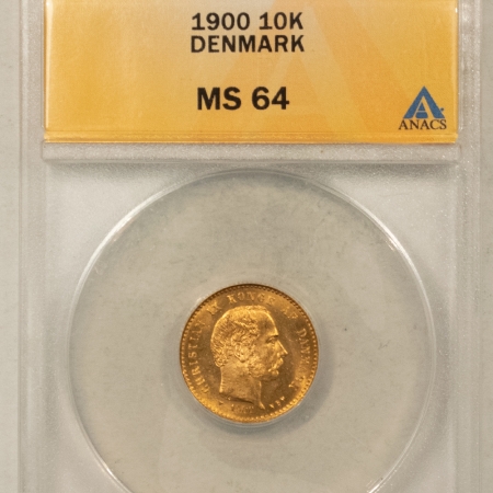New Certified Coins 1900 10 KRONER DENMARK GOLD, KM-790.2, .1296 AGW – ANACS MS-64