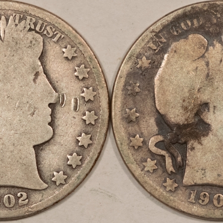 Barber Halves 1902, 1902-S BARBER HALF DOLLARS, LOT/2 – LOW GRADE EXAMPLES, 1902 IS STAINED!