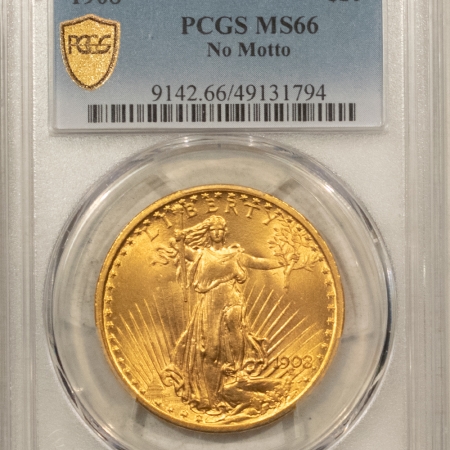 New Store Items 1908 $20 NO MOTTO ST GAUDENS GOLD DOUBLE EAGLE – PCGS MS-66, SUPERB!