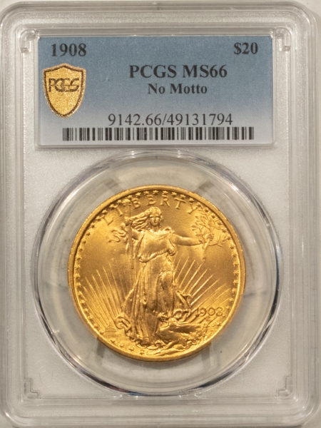 $20 1908 $20 NO MOTTO ST GAUDENS GOLD DOUBLE EAGLE – PCGS MS-66, SUPERB!