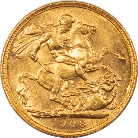 Bullion 1908-S AUSTRALIA GOLD SOVEREIGN SYDNEY MINT, KM-15 – HIGH GRADE, NEARLY UNCIRC