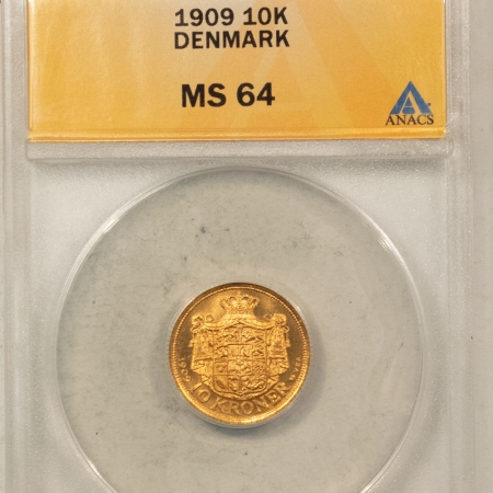 New Certified Coins 1909 10 KRONER DENMARK GOLD, KM-809, .1296 AGW – ANACS MS-64