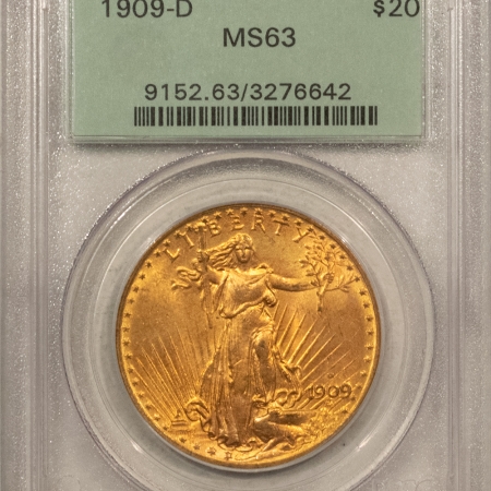 New Store Items 1909-D $20 ST GAUDENS GOLD DOUBLE EAGLE – PCGS MS-63 OGH, FRESH PQ 52500 MINTAGE
