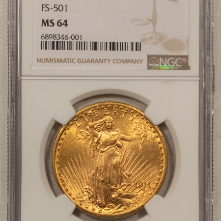 $20 1911-D/D $20 ST GAUDENS GOLD DOUBLE EAGLE, FS-501 – NGC MS-64, FRESH & LUSTROUS!