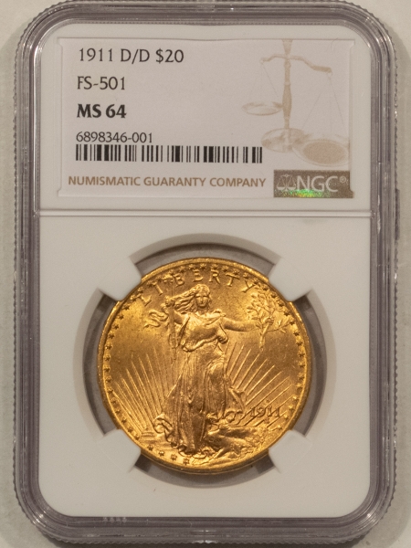 $20 1911-D/D $20 ST GAUDENS GOLD DOUBLE EAGLE, FS-501 – NGC MS-64, FRESH & LUSTROUS!