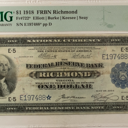 Large Federal Reserve Notes 1918 $1 FEDERAL RESERVE BANKNOTE STAR, RICHMOND FR-722* PMG VF-30, RARE 1 OF 14!