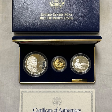 New Store Items 1993 BILL OF RIGHTS COMMEM 3 COIN SET, $5 GOLD, SILVER $1 & 50C GEM PROOF W/OGP