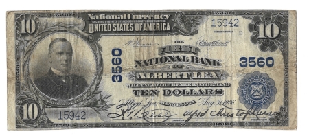 Large National Currency 1902 $10 NATIONAL BANK NOTE, FNB ALBERT LEA, MINNESOTA, CHTR #3560, ORIGINAL VF
