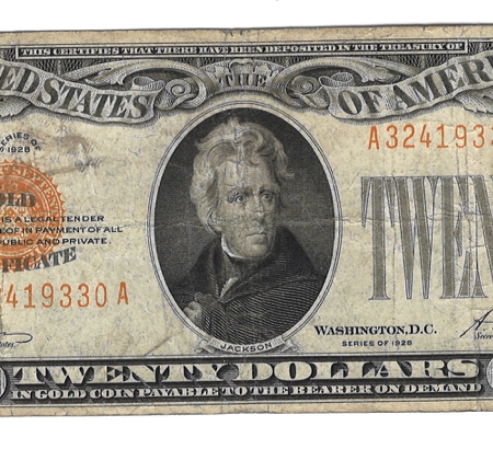 New Store Items 1928 $20 GOLD CERTIFICATE, FR-2402, ORIGINAL F/VF, MINOR STAIN REMNANT