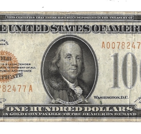 New Store Items 1928 $100 GOLD CERTIFICATE, FR-2405, ORIGINAL F/VF, MINOR OBV PAPER MARKS