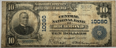 Large National Currency 1902 PB $10 CENTRAL NB OF RICHMOND VA CHTR #10080 ORIGINAL F+