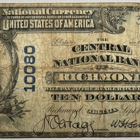 Large National Currency 1902 PB $10 CENTRAL NB OF RICHMOND VA CHTR #10080 ORIGINAL F+
