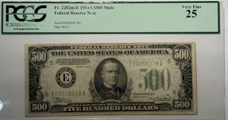 New Store Items 1934-A $500 FEDERAL RESERVE NOTE, FR-2202m-E, RICHMOND PCGS VF-25