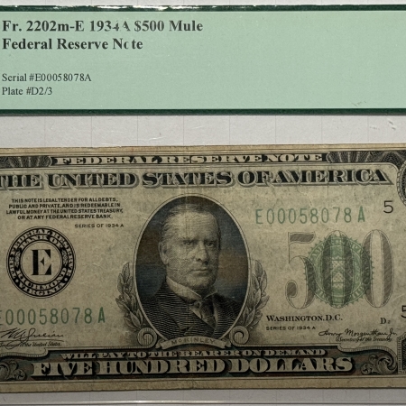 New Store Items 1934-A $500 FEDERAL RESERVE NOTE, FR-2202m-E, RICHMOND PCGS VF-25
