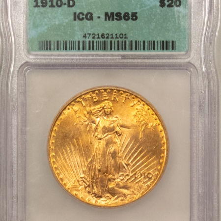 $20 1910-D $20 ST GAUDENS GOLD DOUBLE EAGLE ICG MS-65 FLASHY, NICE, OLDER ICG HOLDER