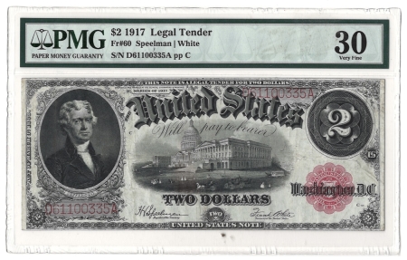 Large U.S. Notes 1917 $2 UNITED STATES NOTE (LEGAL TENDER), FR-60, PMG VF-30, MINOR DISCOLORATION
