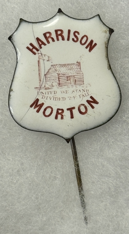 Political 1888 HARRISON-MORTON 1 1/4″ PORCELAIN STICK PIN W/ LOG CABIN-SCARCE & MINT!