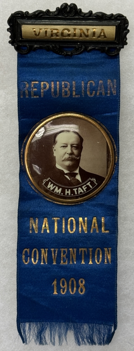 Political 1908 Wm H. TAFT 1 3/4″ SEPIA CELLO MOUNTED ON 2″ x 6″ RNC “VIRGINIA” SILK RIBBON