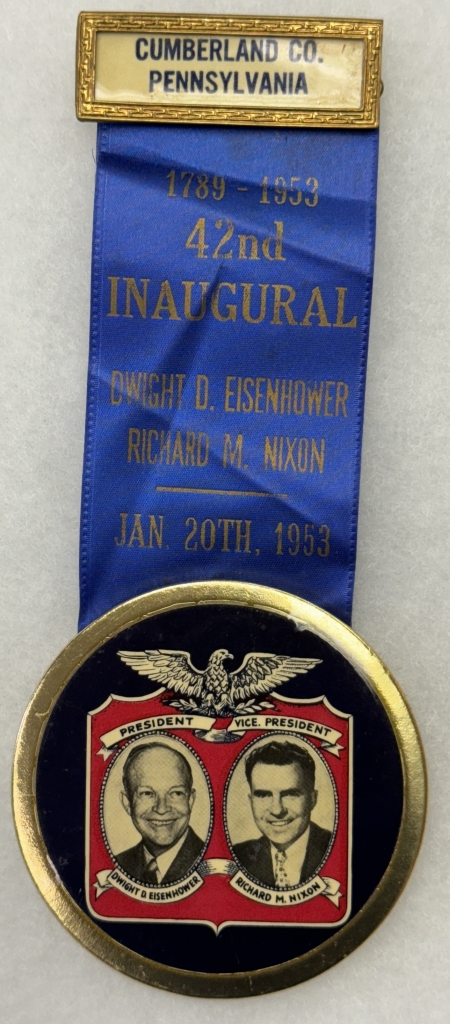 Political 1953 EISENHOWER-NIXON 3″ CELLO INAUGURAL/RIBBON, CUMBERLAND CO. PA-RARE & MINT!