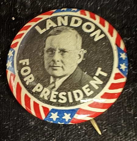 Political 1936 LANDON FOR PRESIDENT GRAPHIC 1 1/4″ CELLULOID CAMPAIGN BUTTON-MINT!