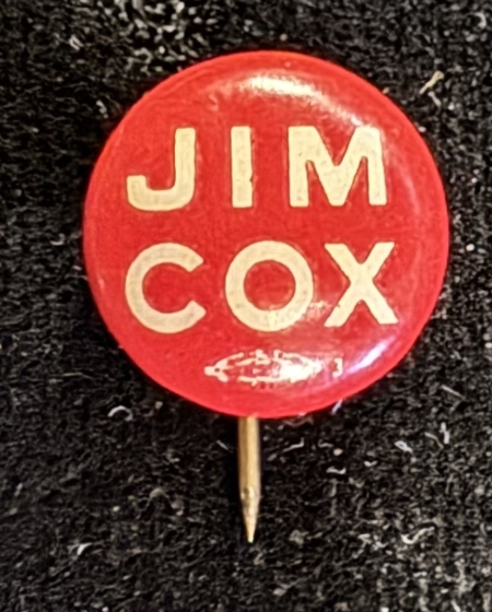 Political 1920 JAMES COX-TRIO OF 1/2″ CELLO “JIM COX” BUTTONS IN RED, WHITE & BLUE-MINT!