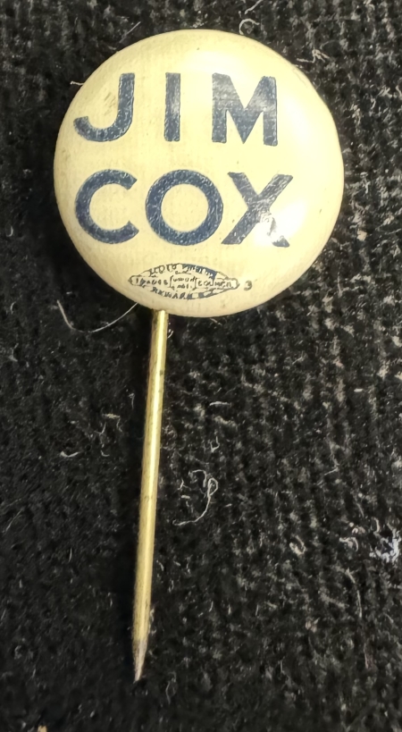 Political 1920 JAMES COX-TRIO OF 1/2″ CELLO “JIM COX” BUTTONS IN RED, WHITE & BLUE-MINT!