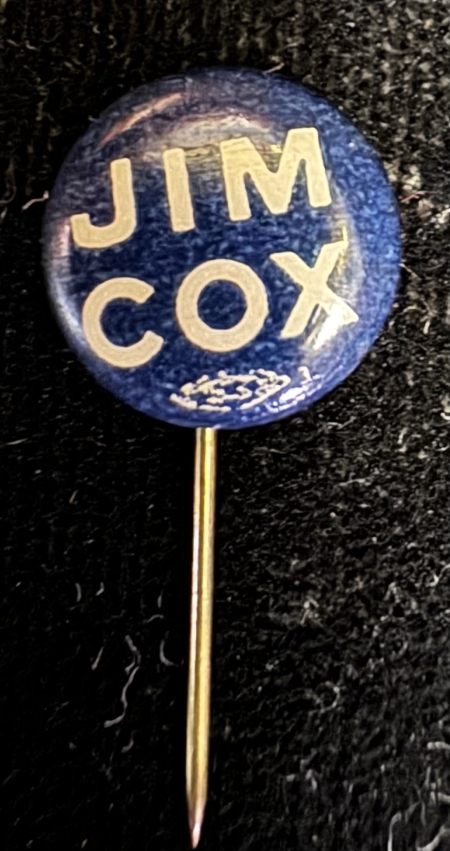 Political 1920 JAMES COX-TRIO OF 1/2″ CELLO “JIM COX” BUTTONS IN RED, WHITE & BLUE-MINT!