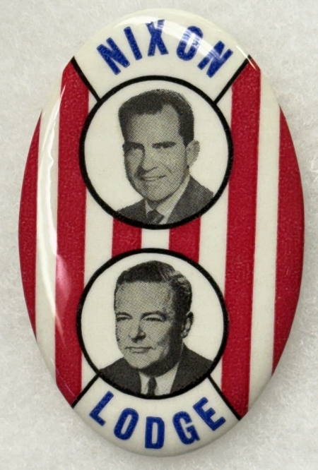 Other Collectibles 1960 NIXON-LODGE 3″ x 1 3/4″ OVAL CELLO JUGATE BUTTON, GRAPHIC & NICE – MINT!