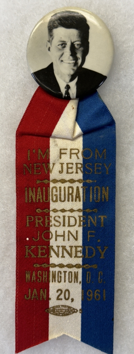 Other Collectibles JOHN F KENNEDY 1 3/4″ CELLO BUTTON W/ NEW JERSEY INAUGURAL RIBBON ATTACHED-MINT!