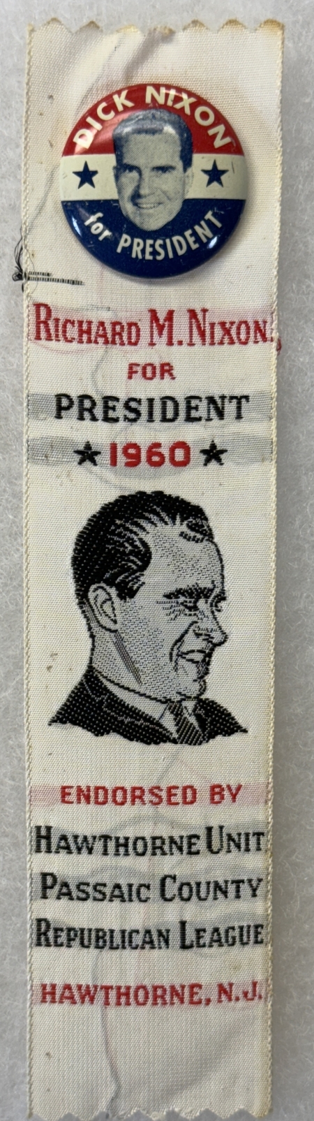 Other Collectibles 1960 NIXON 1″ LITHO BUTTON ON A GRAPHIC EMBROIDERED HAWTHORNE, NJ RIBBON-nr MINT