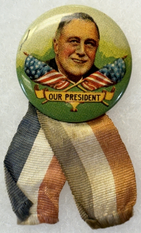 Other Collectibles 1936 FRANKLIN D ROOSEVELT 1 1/4″ LITHO CAMPAIGN BUTTON, MULTICOLOR W/ RIBBON EXC