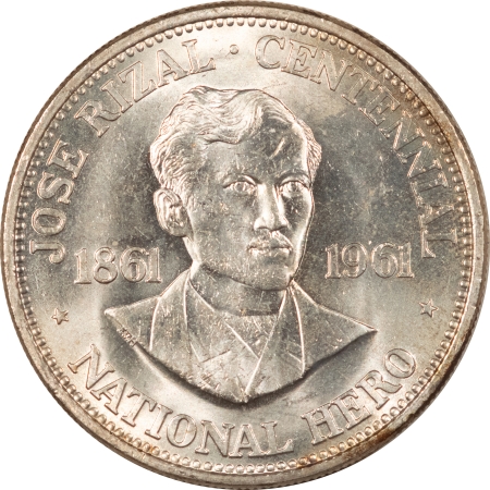 World Certified Coins 1961 PHILIPPINES SILVER 1 PESO, JOSE RIZAL CENTENNIAL, NATIONAL HERO, CHOICE BU