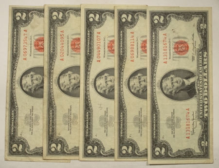 Small U.S. Notes 1963 $2 UNITED STATES RED SEAL NOTES, LOT/6, FR#1513 – VERY FINE!