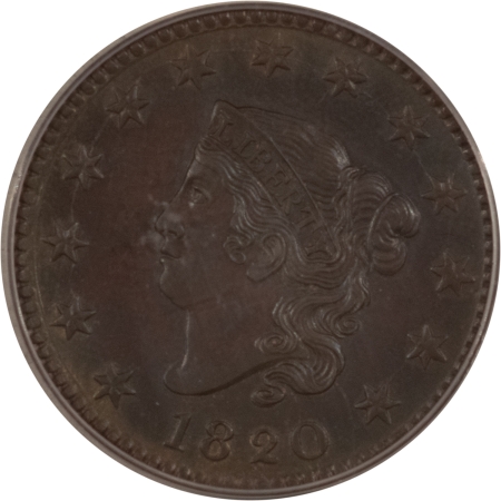 Coronet Head Large Cents 1820 CORONET HEAD LARGE CENT, LARGE DATE – PCGS MS-64 RB, ATTRACTIVE!