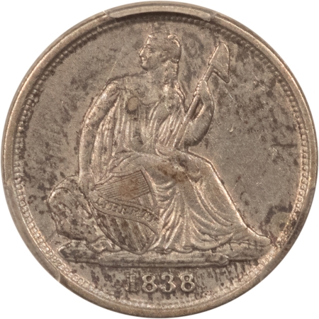 Liberty Seated Dimes 1838-O SEATED LIBERTY DIME, NO STARS – PCGS AU-50, TOUGH!