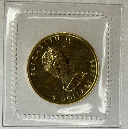 Bullion 1985 CANADA $5 GOLD 1/10 OZ, .9999, KM-135 – UNCIRCULATED, OGP, SEALED PLASTIC!
