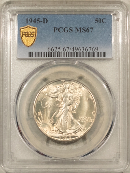 U.S. Certified Coins 1945-D WALKING LIBERTY HALF DOLLAR – PCGS MS-67, FRESH SUPERB GEM!