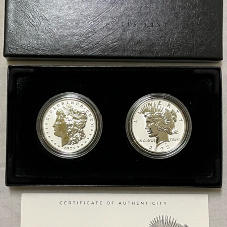 Silver Commems 2023-S MORGAN & PEACE DOLLAR SILVER COMMEM 2 COIN REVERSE PROOF SET, GEM W/ OGP