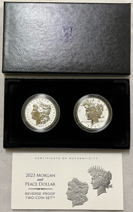 Silver Commems 2023-S MORGAN & PEACE DOLLAR SILVER COMMEM 2 COIN REVERSE PROOF SET, GEM W/ OGP