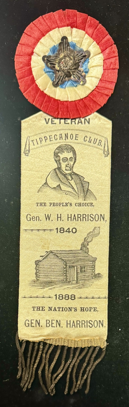 Political 1888 HARRISON 10″ X 2 1/2″ BENJAMIN HARRISON RIBBON, W? COLOR ROSETTE=EXC