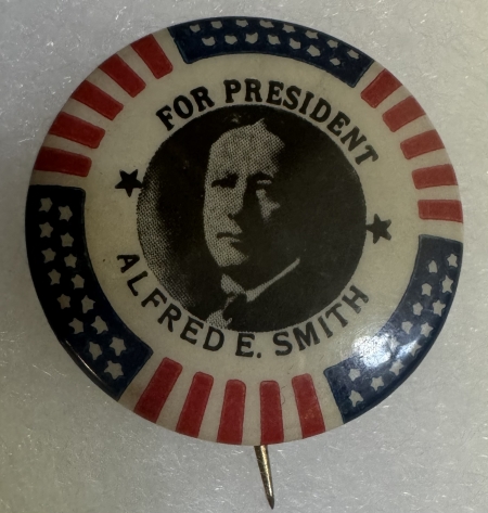 Political 1928 1 1/4″ FOR PRESIDENT ALFRED E SMITH BUTTON, R/W/B STARS/STRIPES BORDER-MINT