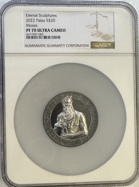 World Certified Coins 2022 PALAU $20 “ETERNAL SCULPTURES” MOSES 3 OZ SILVER NGC PF 70 UCAM 499 MINTAGE