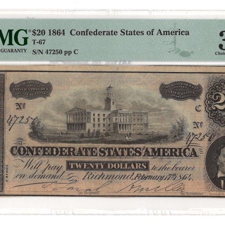 U.S. Currency 1864 $20 CONFEDERATE STATES OF AMERICA T-67, pp C, CHOICE VERY FINE-35 EPQ!